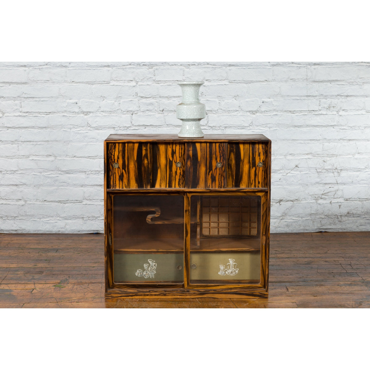 Japanese 19th Century Zebra Wood Tansu Chest with Sliding Doors and Open Shelves-2. Asian & Chinese Furniture, Art, Antiques, Vintage Home Décor for sale at FEA Home