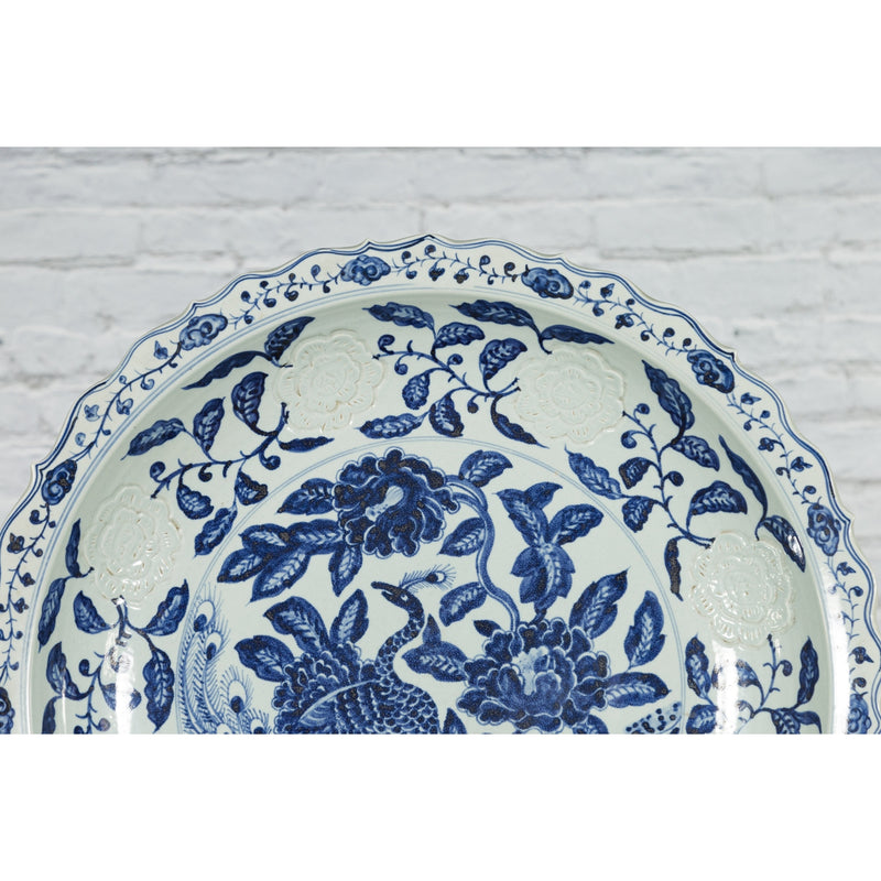 Large Chinese Porcelain Charger Plate with Hand-Painted Blue and White Décor-YN7465-7. Asian & Chinese Furniture, Art, Antiques, Vintage Home Décor for sale at FEA Home