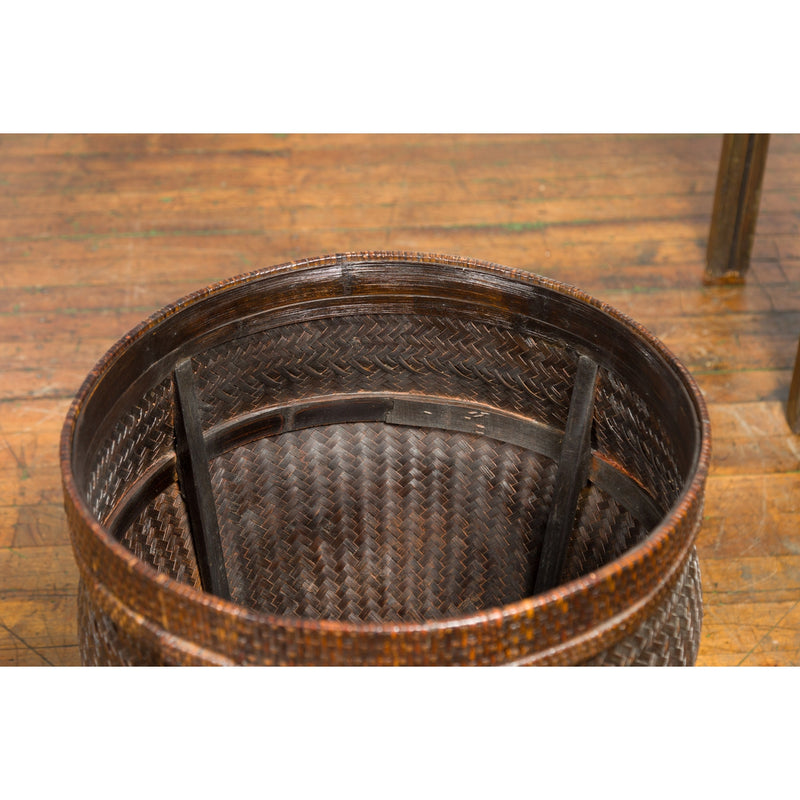 Chinese Vintage Hand-Woven Rattan and Bamboo Storage Basket with Dark Patina-YN7495-11. Asian & Chinese Furniture, Art, Antiques, Vintage Home Décor for sale at FEA Home