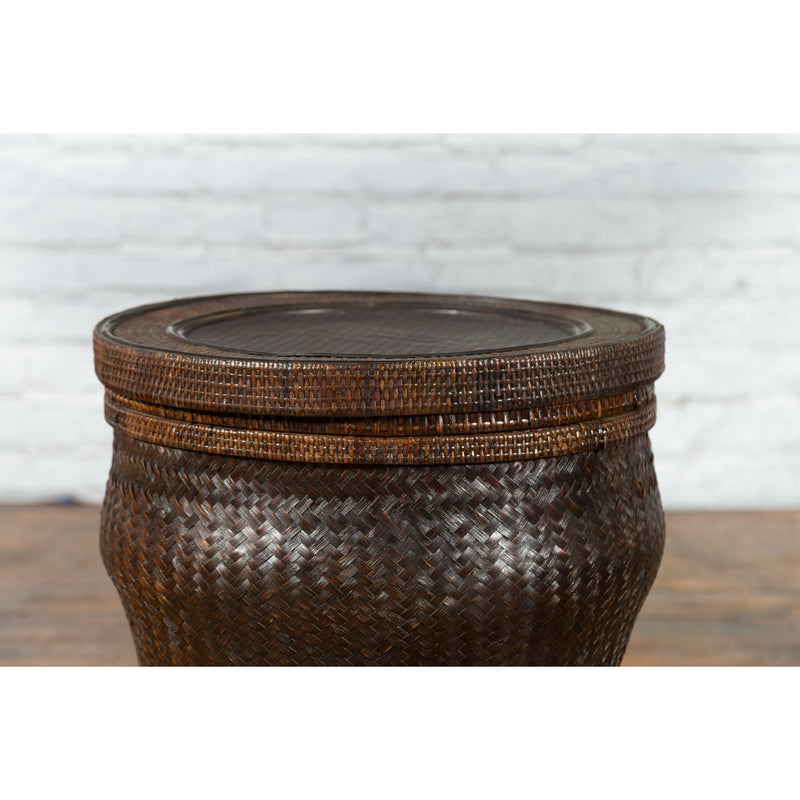 Chinese Vintage Hand-Woven Rattan and Bamboo Storage Basket with Dark Patina-YN7495-6. Asian & Chinese Furniture, Art, Antiques, Vintage Home Décor for sale at FEA Home