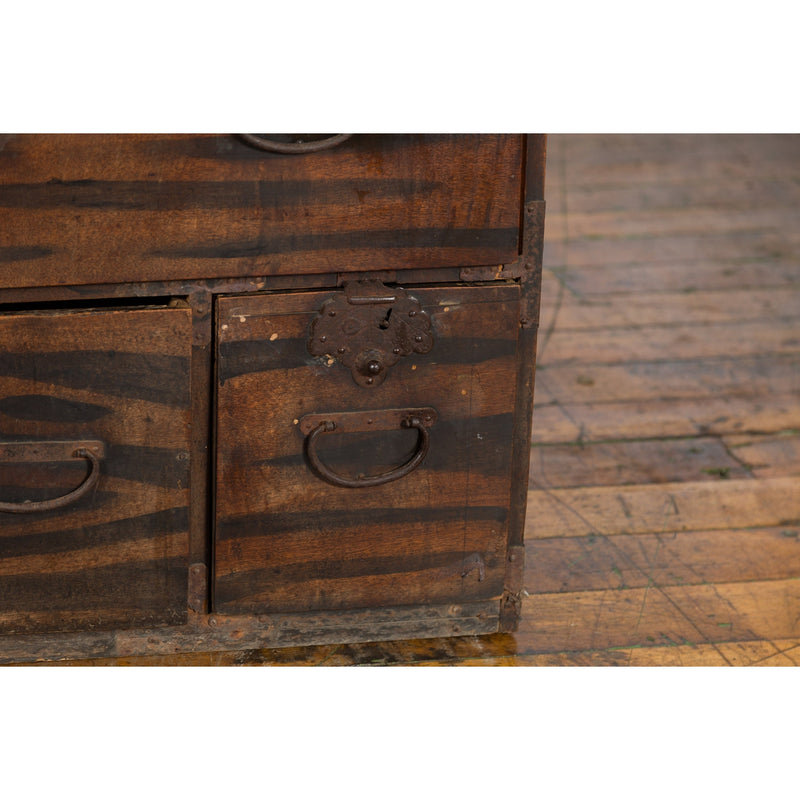 Japanese Meiji Zebra Wood Tansu Chest in Isho-Dansu Style with Five Drawers - Antique and Vintage Asian Furniture for Sale at FEA Home
