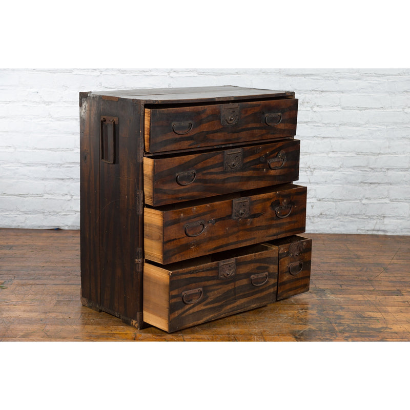 Japanese Meiji Zebra Wood Tansu Chest in Isho-Dansu Style with Five Drawers - Antique and Vintage Asian Furniture for Sale at FEA Home