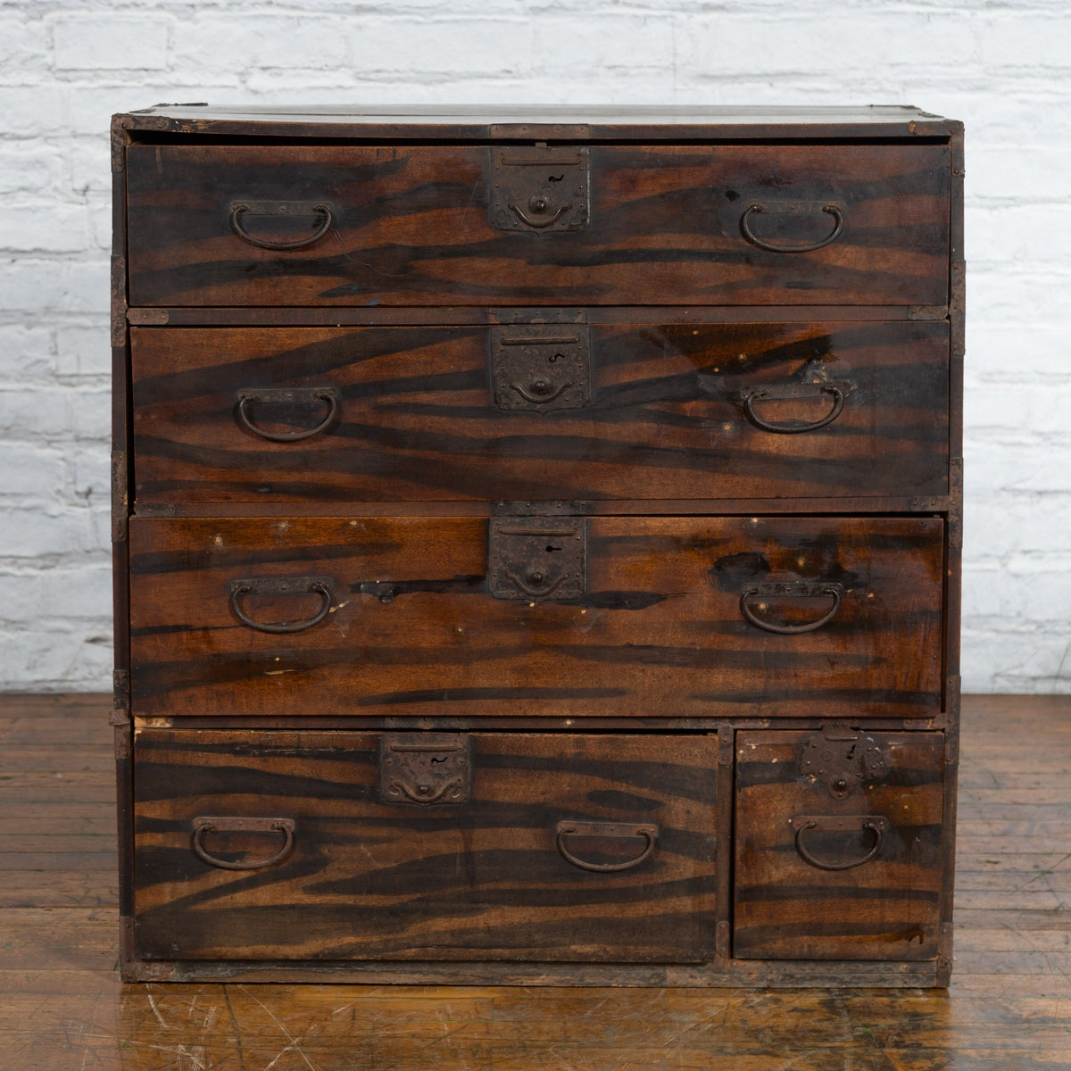 Japanese Meiji Zebra Wood Tansu Chest in Isho-Dansu Style with Five Drawers-2. Asian & Chinese Furniture, Art, Antiques, Vintage Home Décor for sale at FEA Home