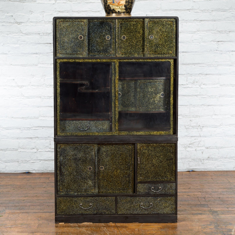 Japanese Early 20th Century Black and Gold Speckled Compound Cabinet - Antique and Vintage Asian Furniture for Sale at FEA Home