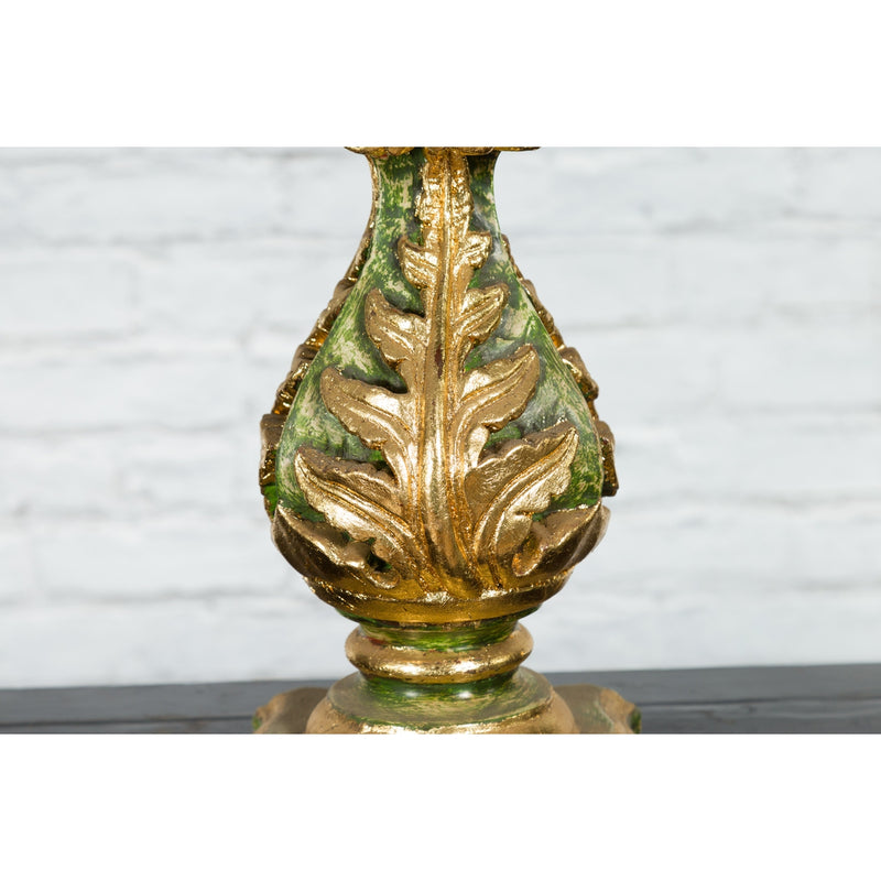 Indian Green and Gold Acanthus Carved Finial Drilled to Be Made into a Lamp-YN7520-10. Asian & Chinese Furniture, Art, Antiques, Vintage Home Décor for sale at FEA Home