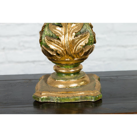 Indian Green and Gold Acanthus Carved Finial Drilled to Be Made into a Lamp-YN7520-11. Asian & Chinese Furniture, Art, Antiques, Vintage Home Décor for sale at FEA Home