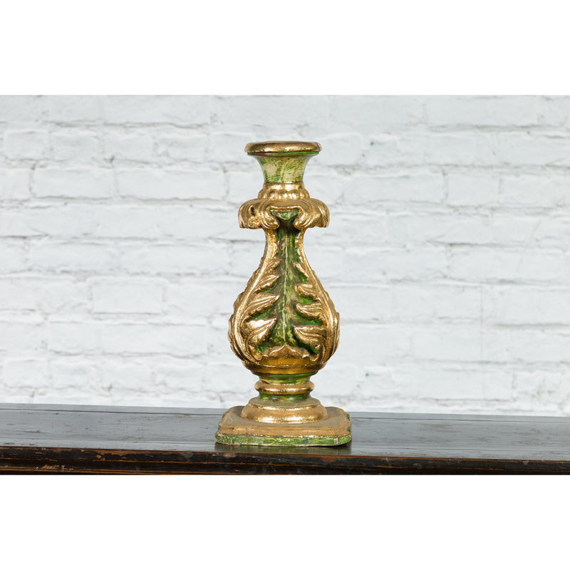 Indian Green and Gold Acanthus Carved Finial Drilled to Be Made into a Lamp-YN7520-13. Asian & Chinese Furniture, Art, Antiques, Vintage Home Décor for sale at FEA Home