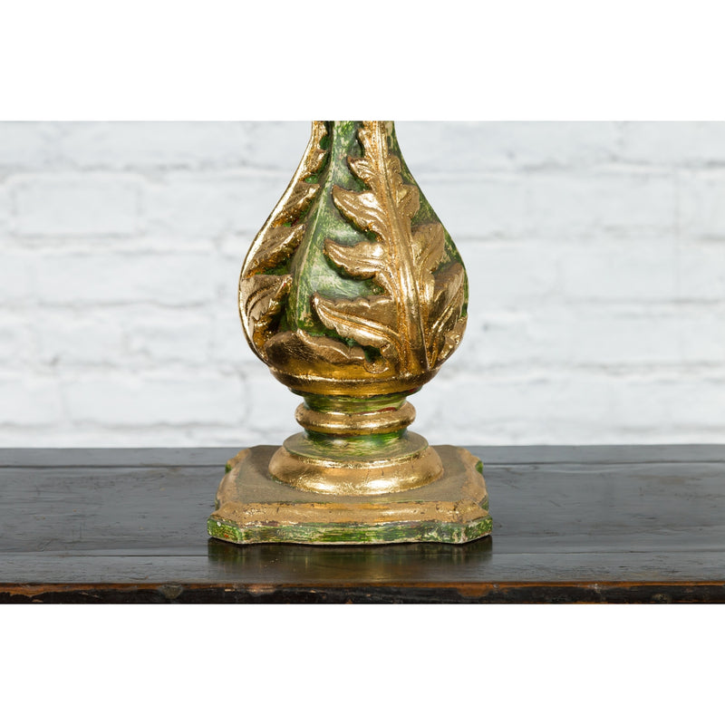 Indian Green and Gold Acanthus Carved Finial Drilled to Be Made into a Lamp-YN7520-7. Asian & Chinese Furniture, Art, Antiques, Vintage Home Décor for sale at FEA Home