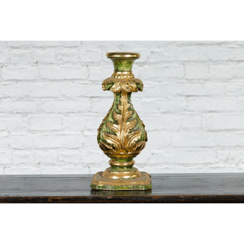 Indian Green and Gold Acanthus Carved Finial Drilled to Be Made into a Lamp-YN7520-8. Asian & Chinese Furniture, Art, Antiques, Vintage Home Décor for sale at FEA Home