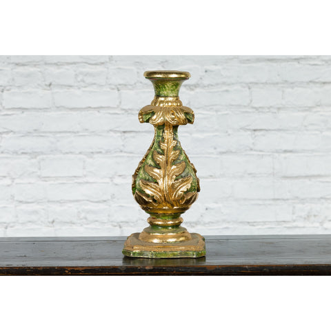 Indian Green and Gold Acanthus Carved Finial Drilled to Be Made into a Lamp