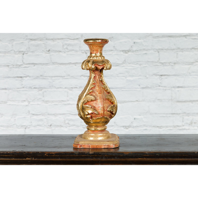 Red and Gold Gilt Indian Acanthus Carved Finial Drilled to Be Made into a Lamp-YN7521-6. Asian & Chinese Furniture, Art, Antiques, Vintage Home Décor for sale at FEA Home