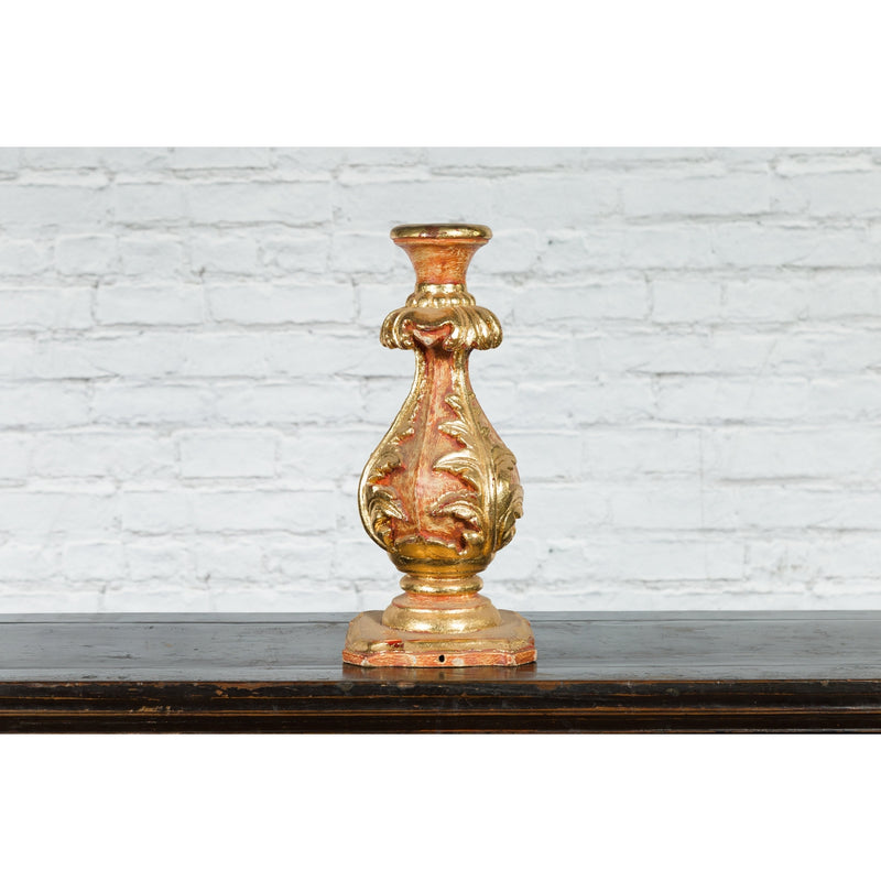 Red and Gold Gilt Indian Acanthus Carved Finial Drilled to Be Made into a Lamp-YN7521-2. Asian & Chinese Furniture, Art, Antiques, Vintage Home Décor for sale at FEA Home