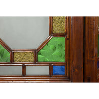 Chinese Antique Six-Panel Folding Screen with Stained Glass Geometric Motifs