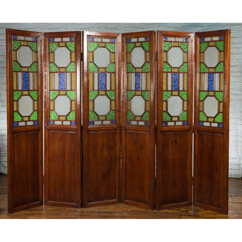 Chinese Antique Six-Panel Folding Screen with Stained Glass Geometric Motifs-YN7524-2. Asian & Chinese Furniture, Art, Antiques, Vintage Home Décor for sale at FEA Home