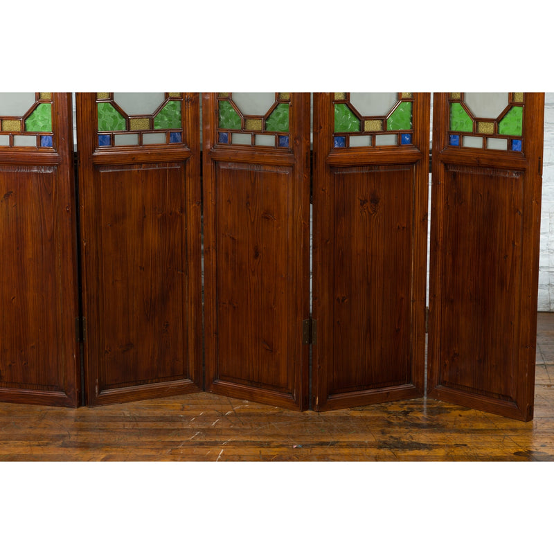 Chinese Antique Six-Panel Folding Screen with Stained Glass Geometric Motifs-YN7524-8. Asian & Chinese Furniture, Art, Antiques, Vintage Home Décor for sale at FEA Home