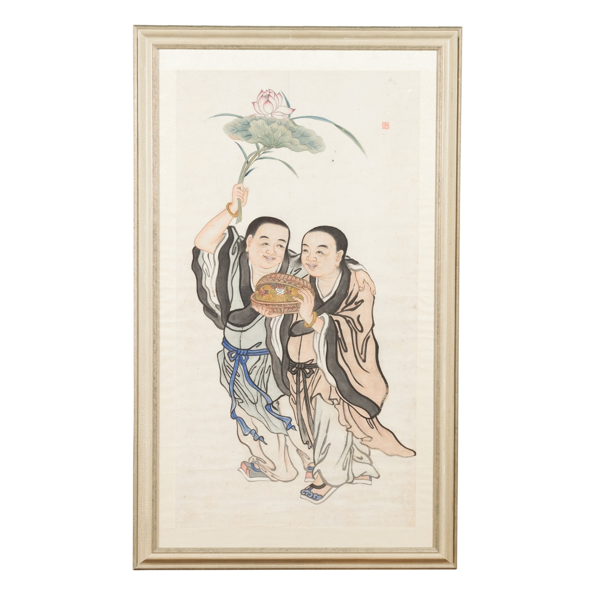 Framed Painting of Two Japanese Buddhist Monks with Lotus Flower and Wicker Box-1. Asian & Chinese Furniture, Art, Antiques, Vintage Home Décor for sale at FEA Home