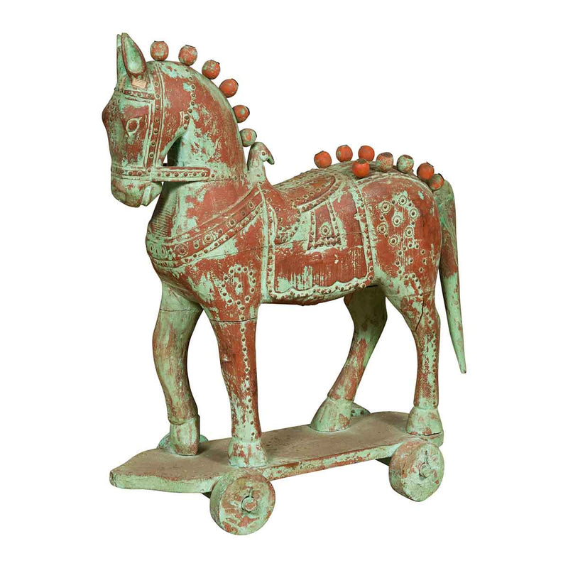 Handmade Vintage Indian Temple Horse Toy on Wheels from Madras with Spheres- Asian Antiques, Vintage Home Decor & Chinese Furniture - FEA Home