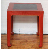 Art Deco Red Lacquered Chinese Table with Ming Dynasty Courtyard Stone Inset