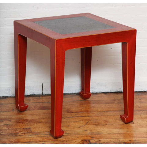 Art Deco Red Lacquered Chinese Table with Ming Dynasty Courtyard Stone Inset