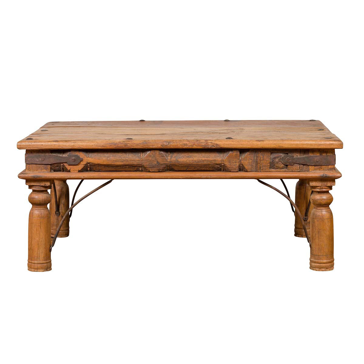 Rustic Indian Sheesham Wood Coffee Table with Nailhead Design and Baluster Legs-1. Asian & Chinese Furniture, Art, Antiques, Vintage Home Décor for sale at FEA Home