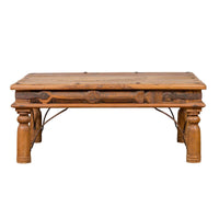 Rustic Indian Sheesham Wood Coffee Table with Nailhead Design and Baluster Legs