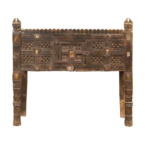 Indian Antique Damachiya Cabinet on Legs with Geometric Design and Horse Heads