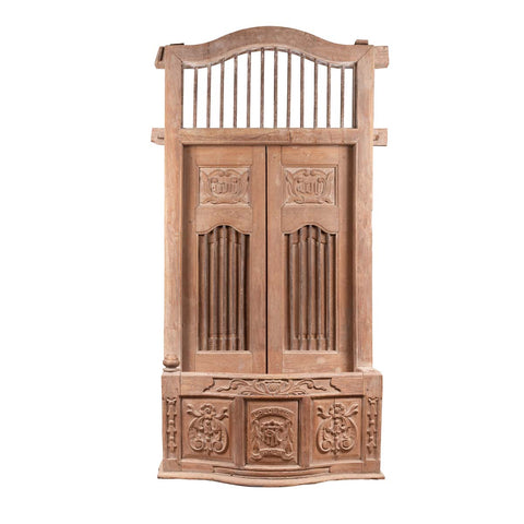 Large Natural Wood Window Balcony with Hand Carved Foliage Motifs and Bonnet Top-YN6498-1. Asian & Chinese Furniture, Art, Antiques, Vintage Home Décor for sale at FEA Home