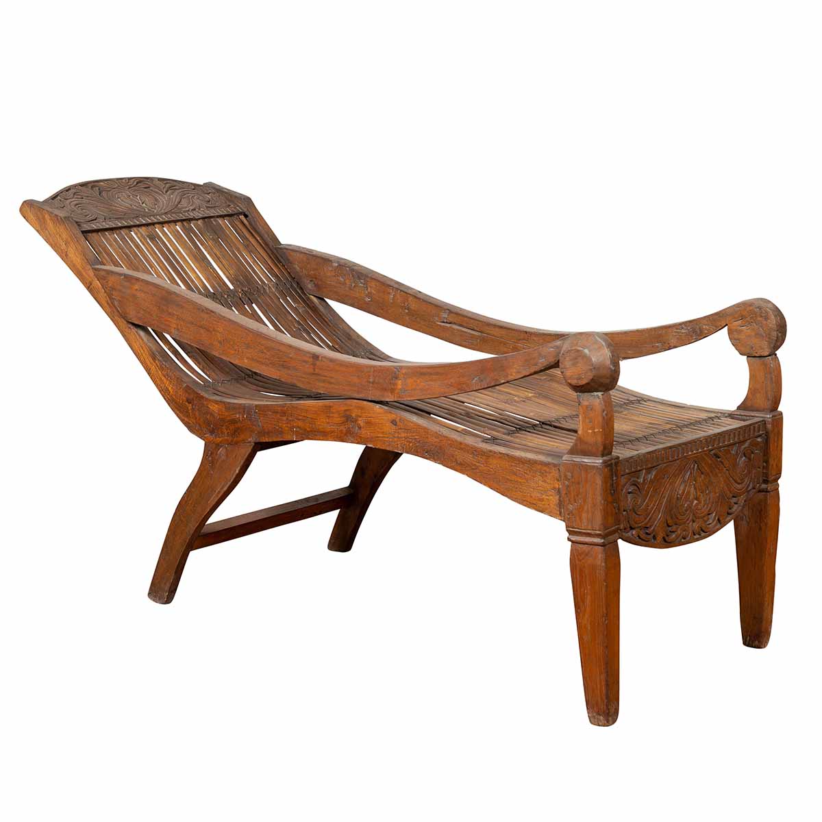 Antique Indonesian Reclining Plantation Chair with Bamboo Slats and Carved Decor-1. Asian & Chinese Furniture, Art, Antiques, Vintage Home Décor for sale at FEA Home