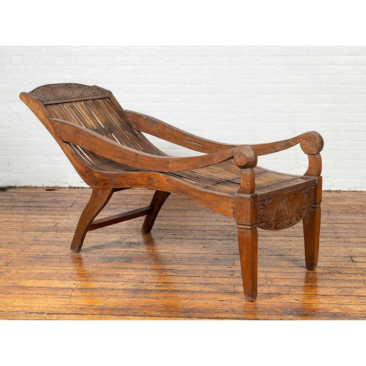 Antique Indonesian Reclining Plantation Chair with Bamboo Slats and Carved Decor-2. Asian & Chinese Furniture, Art, Antiques, Vintage Home Décor for sale at FEA Home