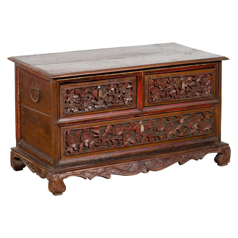 Early 20th Century Madurese Treasure Chest with Hand-Carved Floral Décor- Asian Antiques, Vintage Home Decor & Chinese Furniture - FEA Home
