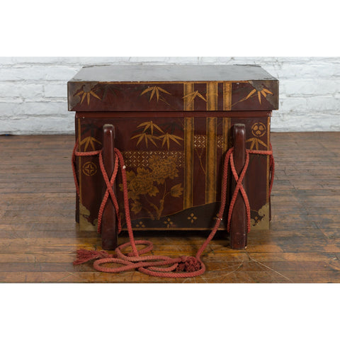 Japanese Vintage Brown Wedding Chest with Gilt Décor and Red Ropes-YN5403-10. Asian & Chinese Furniture, Art, Antiques, Vintage Home Décor for sale at FEA Home