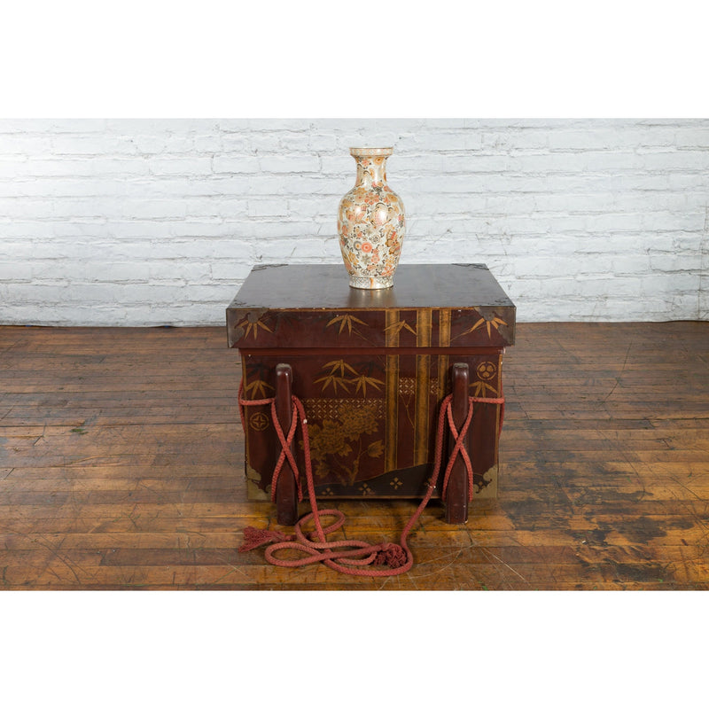 Japanese Vintage Brown Wedding Chest with Gilt Décor and Red Ropes-YN5403-11. Asian & Chinese Furniture, Art, Antiques, Vintage Home Décor for sale at FEA Home