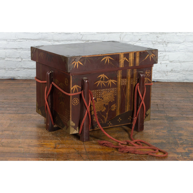 Japanese Vintage Brown Wedding Chest with Gilt Décor and Red Ropes-YN5403-12. Asian & Chinese Furniture, Art, Antiques, Vintage Home Décor for sale at FEA Home