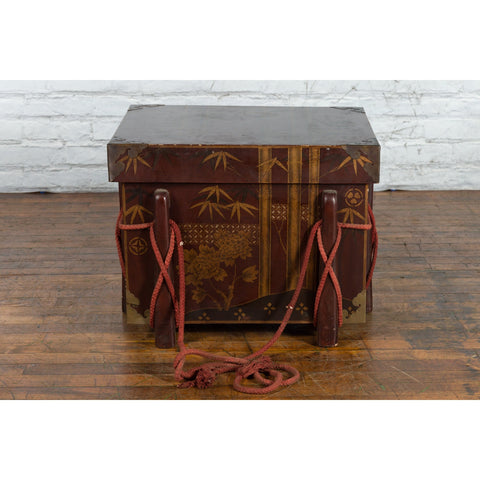 Japanese Vintage Brown Wedding Chest with Gilt Décor and Red Ropes-YN5403-13. Asian & Chinese Furniture, Art, Antiques, Vintage Home Décor for sale at FEA Home