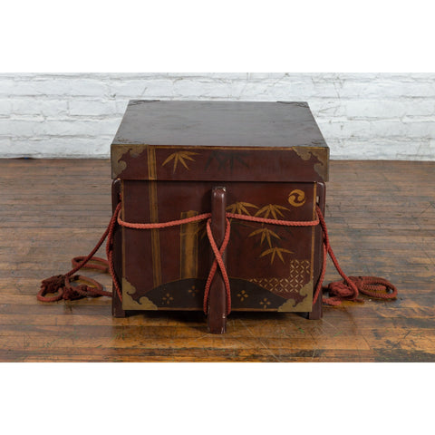Japanese Vintage Brown Wedding Chest with Gilt Décor and Red Ropes-YN5403-14. Asian & Chinese Furniture, Art, Antiques, Vintage Home Décor for sale at FEA Home