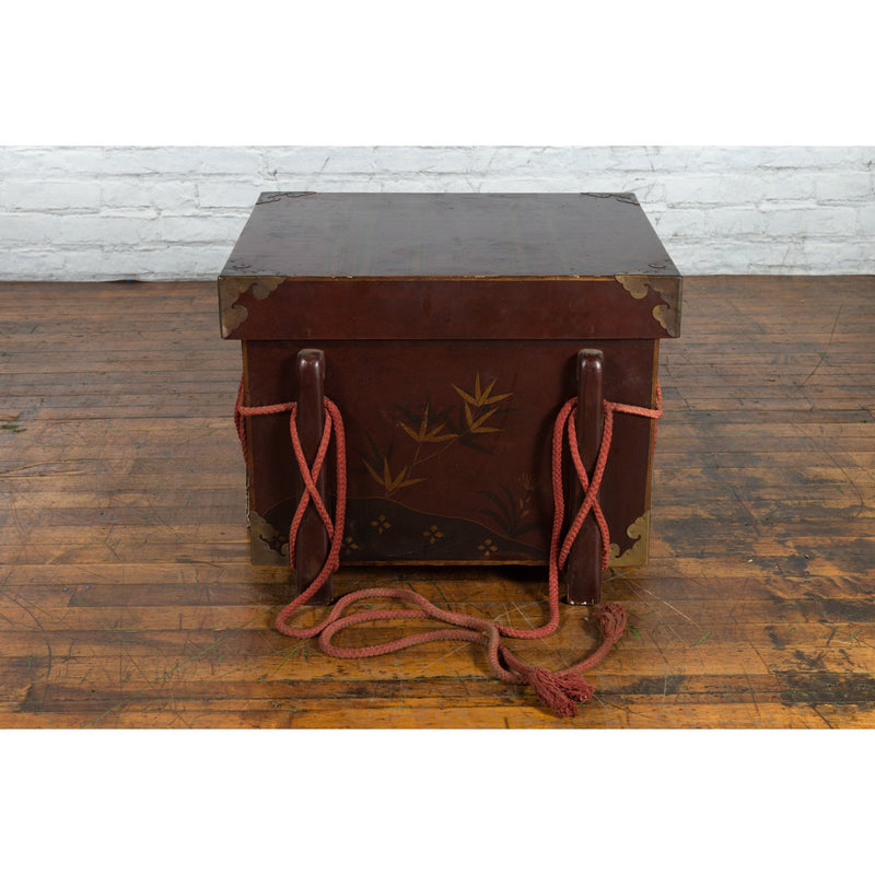 Japanese Vintage Brown Wedding Chest with Gilt Décor and Red Ropes-YN5403-15. Asian & Chinese Furniture, Art, Antiques, Vintage Home Décor for sale at FEA Home