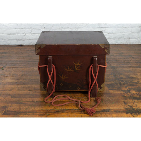 Japanese Vintage Brown Wedding Chest with Gilt Décor and Red Ropes-YN5403-15. Asian & Chinese Furniture, Art, Antiques, Vintage Home Décor for sale at FEA Home