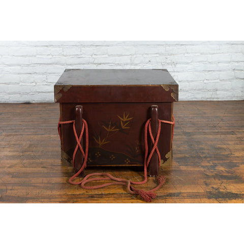 Japanese Vintage Brown Wedding Chest with Gilt Décor and Red Ropes-YN5403-16. Asian & Chinese Furniture, Art, Antiques, Vintage Home Décor for sale at FEA Home