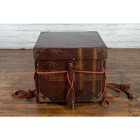 Japanese Vintage Brown Wedding Chest with Gilt Décor and Red Ropes