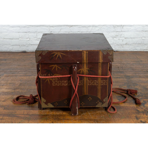 Japanese Vintage Brown Wedding Chest with Gilt Décor and Red Ropes-YN5403-17. Asian & Chinese Furniture, Art, Antiques, Vintage Home Décor for sale at FEA Home