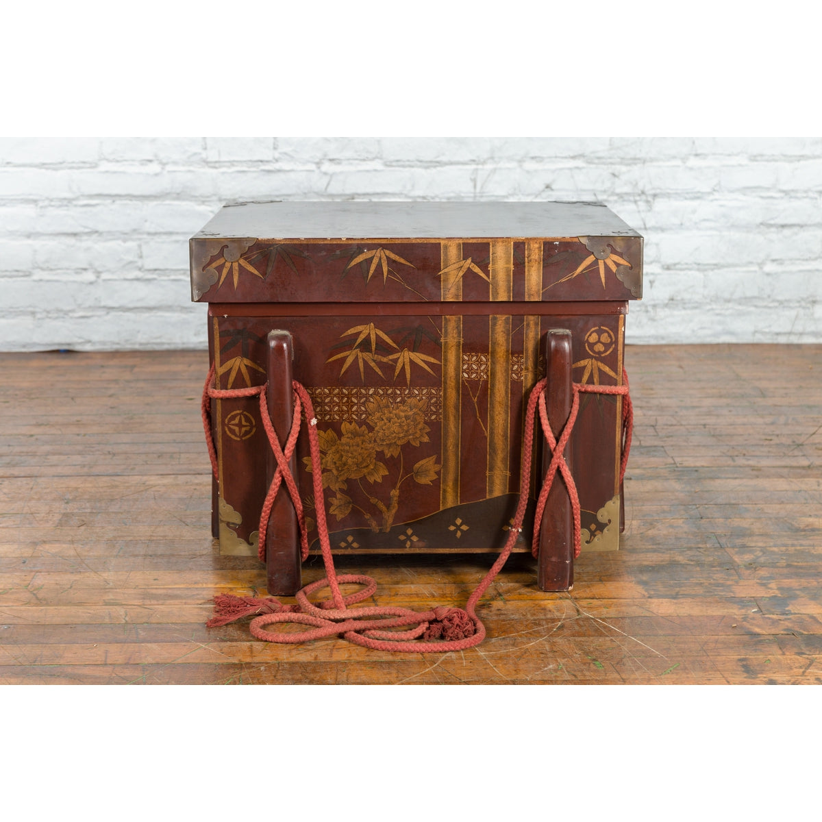 Japanese Vintage Brown Wedding Chest with Gilt Décor and Red Ropes-2. Asian & Chinese Furniture, Art, Antiques, Vintage Home Décor for sale at FEA Home