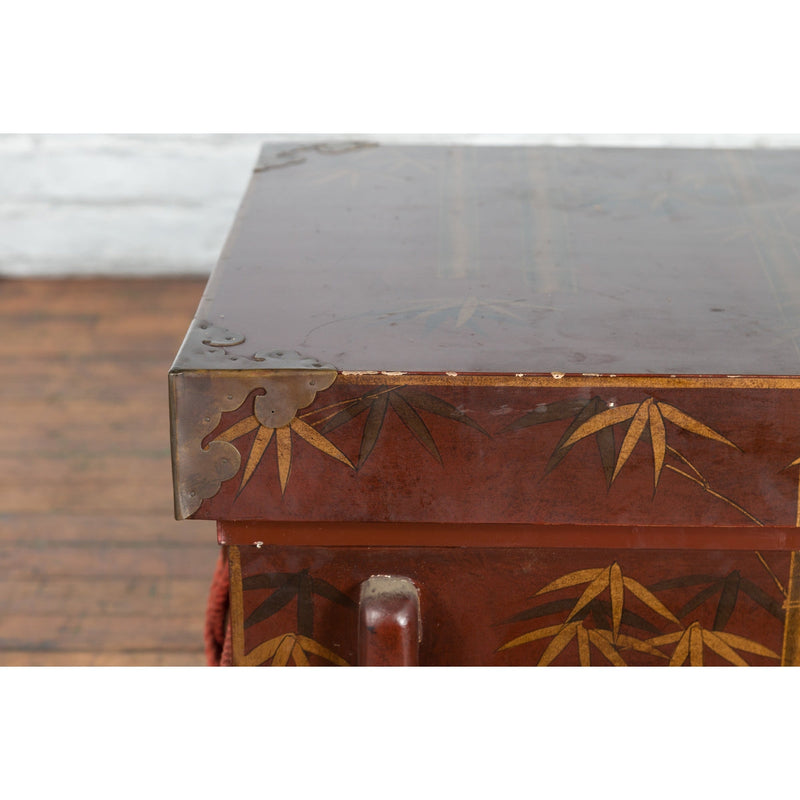 Japanese Vintage Brown Wedding Chest with Gilt Décor and Red Ropes-YN5403-3. Asian & Chinese Furniture, Art, Antiques, Vintage Home Décor for sale at FEA Home