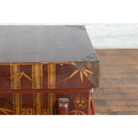 Japanese Vintage Brown Wedding Chest with Gilt Décor and Red Ropes