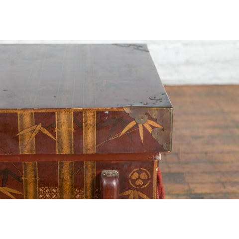 Japanese Vintage Brown Wedding Chest with Gilt Décor and Red Ropes-YN5403-4. Asian & Chinese Furniture, Art, Antiques, Vintage Home Décor for sale at FEA Home