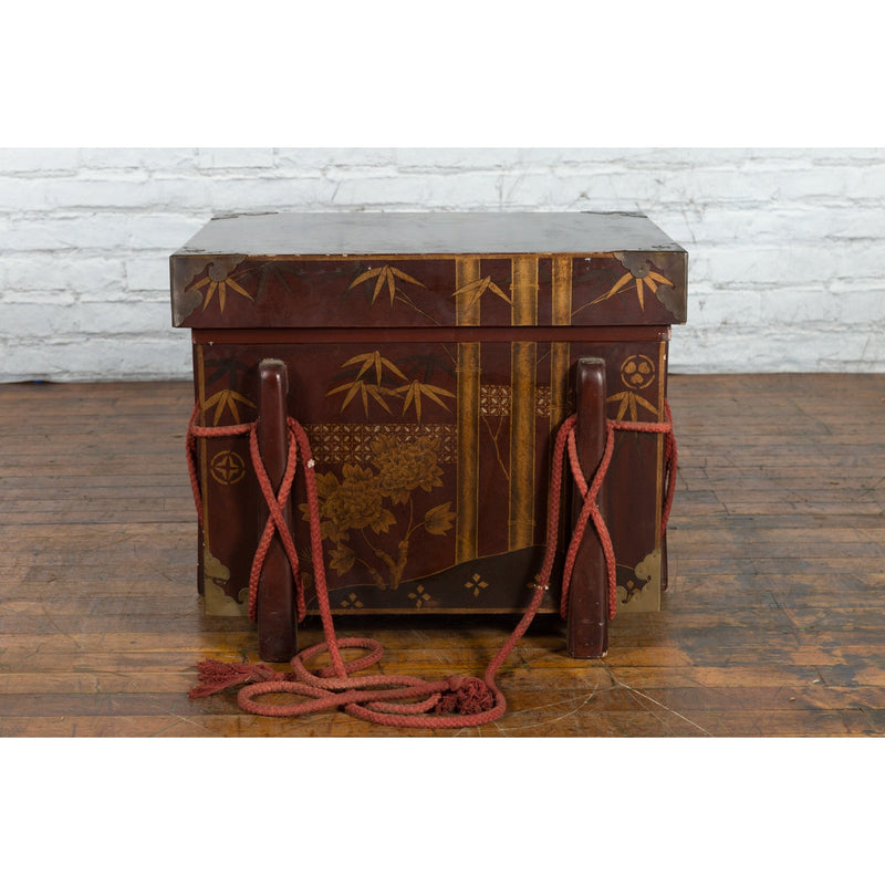 Japanese Vintage Brown Wedding Chest with Gilt Décor and Red Ropes-YN5403-9. Asian & Chinese Furniture, Art, Antiques, Vintage Home Décor for sale at FEA Home