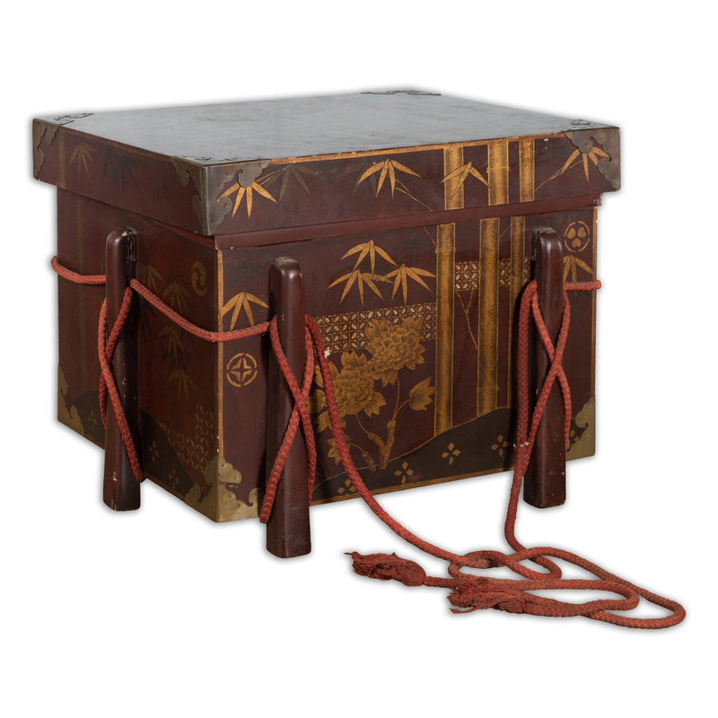 Japanese Vintage Brown Wedding Chest with Gilt Décor and Red Ropes-YN5403-1. Asian & Chinese Furniture, Art, Antiques, Vintage Home Décor for sale at FEA Home