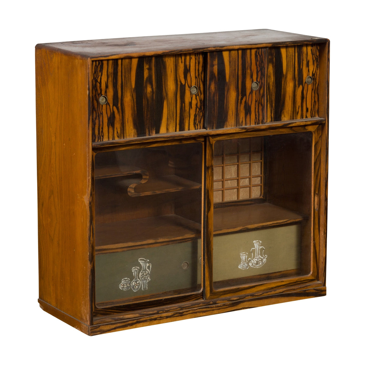 Japanese 19th Century Zebra Wood Tansu Chest with Sliding Doors and Open Shelves-1. Asian & Chinese Furniture, Art, Antiques, Vintage Home Décor for sale at FEA Home