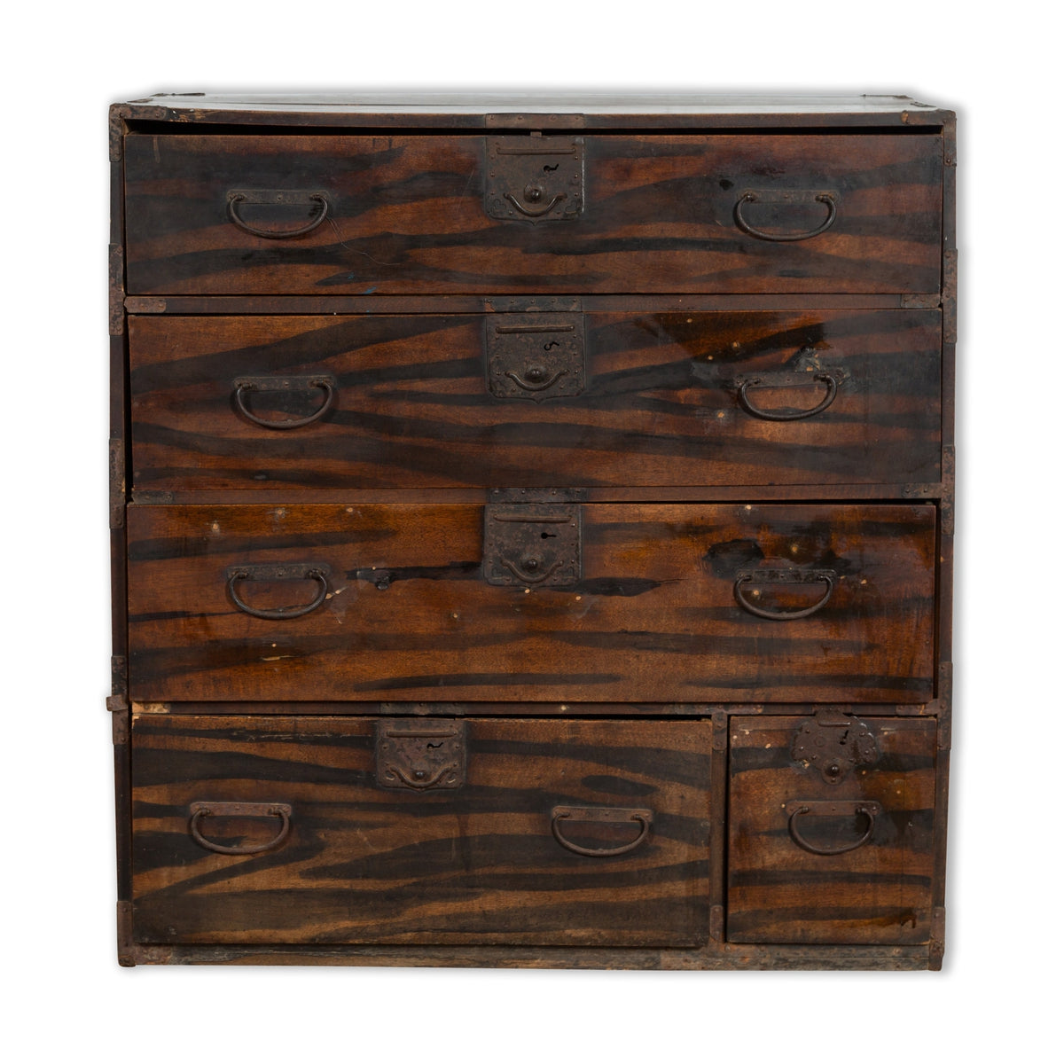 Japanese Meiji Zebra Wood Tansu Chest in Isho-Dansu Style with Five Drawers-1. Asian & Chinese Furniture, Art, Antiques, Vintage Home Décor for sale at FEA Home