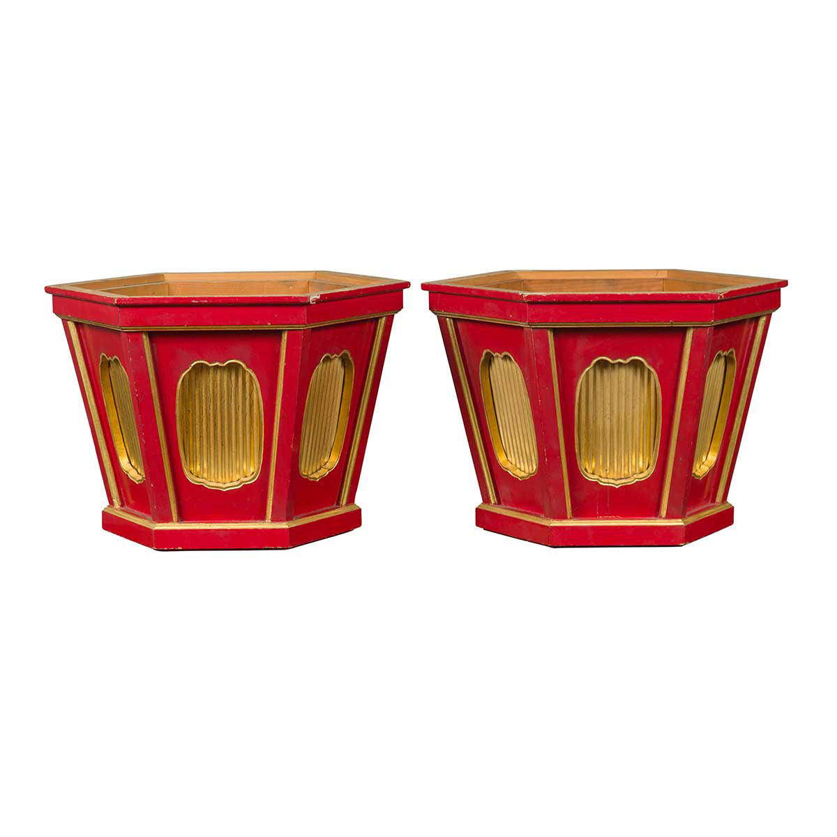 Japanese Taishō Gold and Red Lacquer Hexagonal Planters with Reeded Cartouches-1. Asian & Chinese Furniture, Art, Antiques, Vintage Home Décor for sale at FEA Home