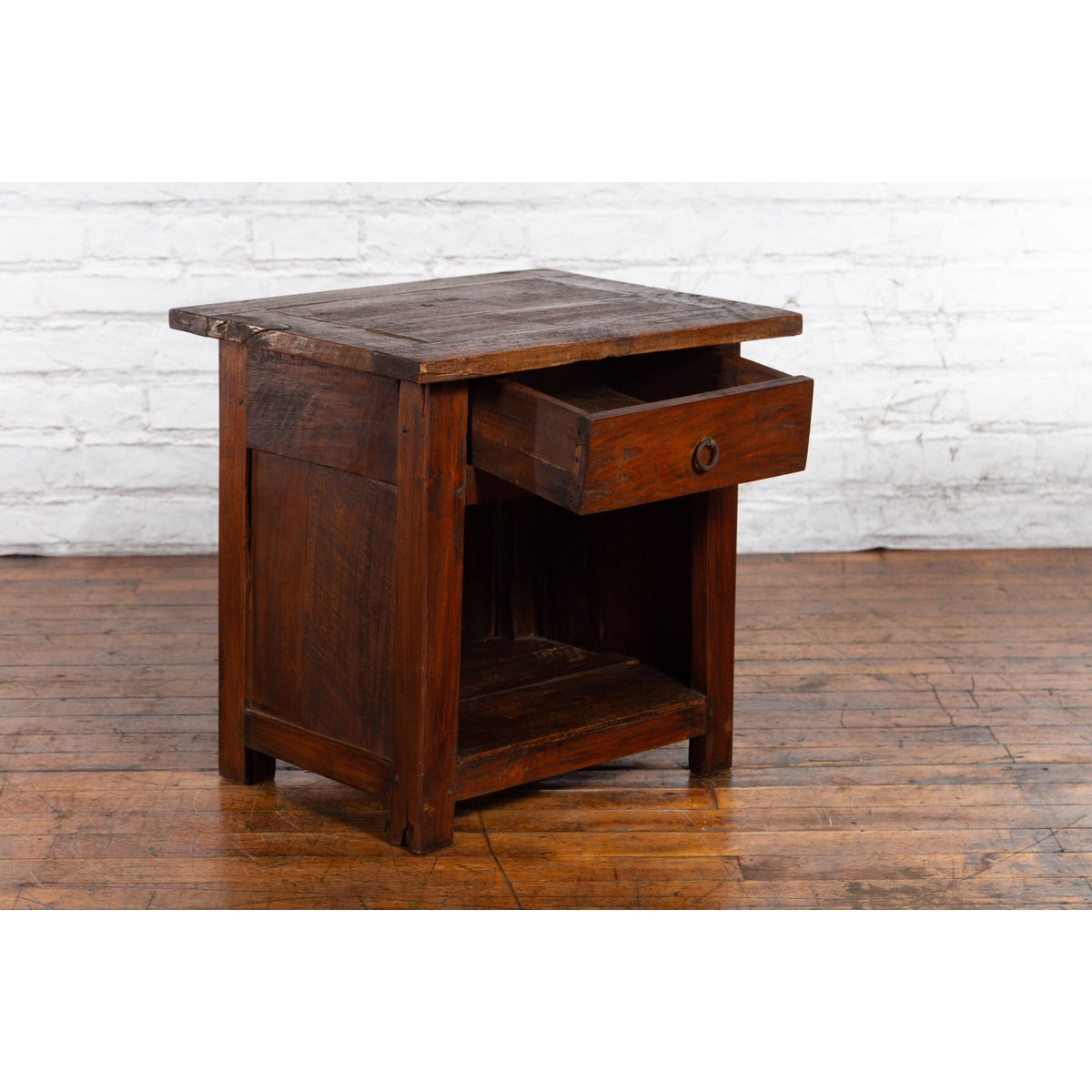 Javanese Early 20th Century Rustic Bedside Cabinet with Drawer and Open Shelf-3. Asian &amp; Chinese Furniture, Art, Antiques, Vintage Home Décor for sale at FEA Home